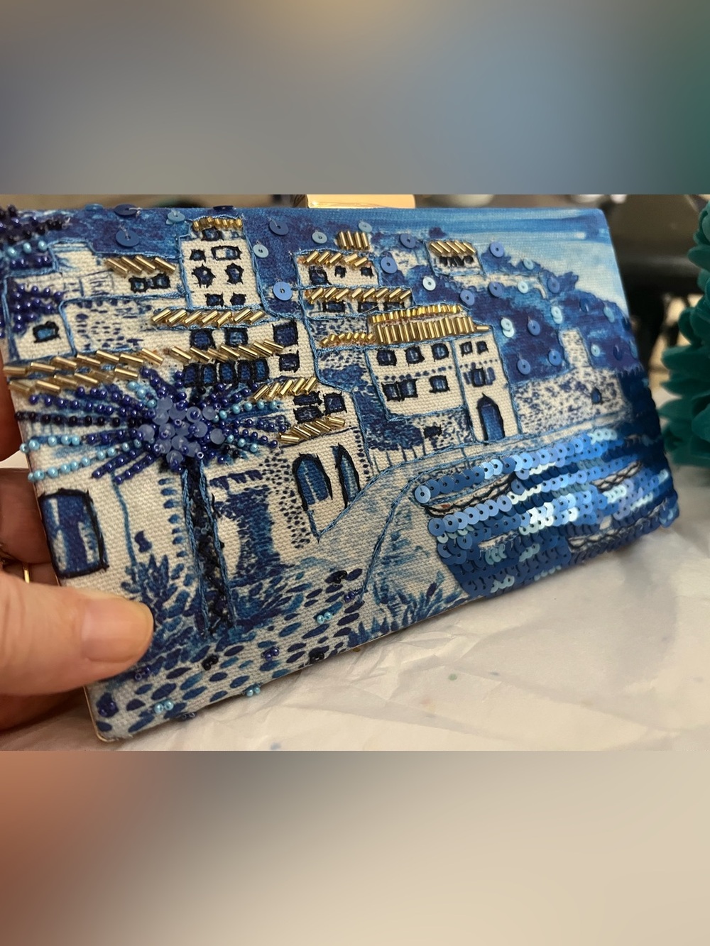 Chico's Blue Sequin Embellished Coastal Clutch